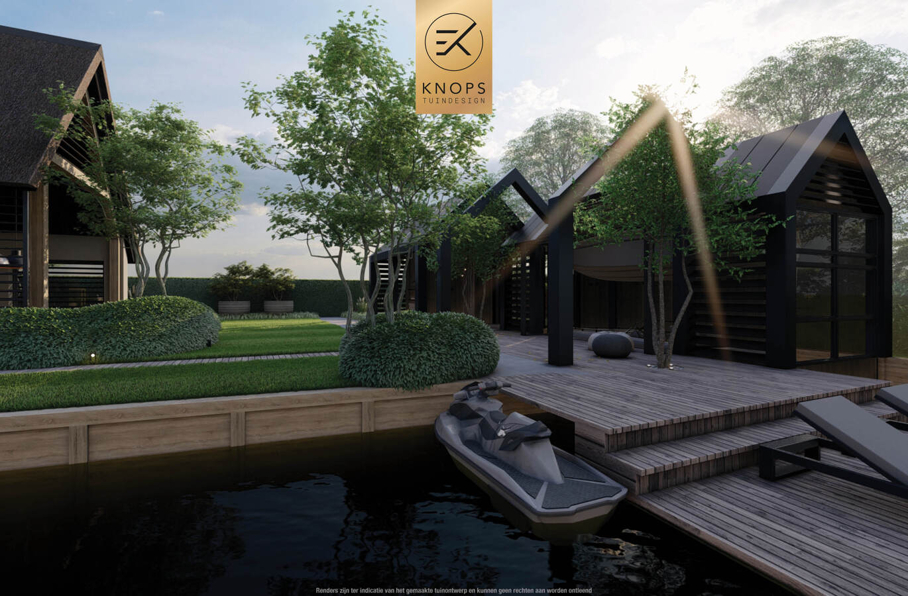 Tuinontwerp waterkant boothuis exclusief maatwerk gaaf knops tuindesign tuinarchitect nederland vlonder meerstammige bomen nederland high end tuinontwerp