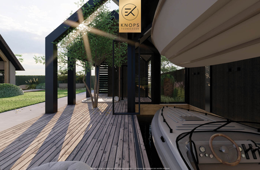 Tuinontwerp waterkant boothuis exclusief maatwerk gaaf knops tuindesign tuinarchitect nederland vlonder meerstammige bomen nederland high end tuinontwerp