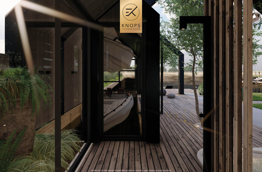 Tuinontwerp waterkant boothuis exclusief maatwerk gaaf knops tuindesign tuinarchitect nederland vlonder meerstammige bomen nederland high end tuinontwerp