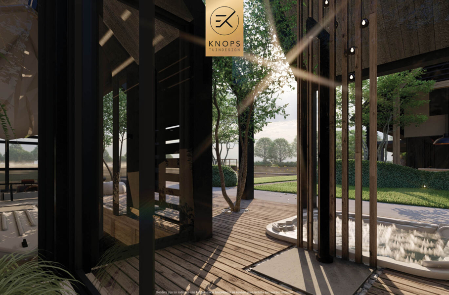 Tuinontwerp waterkant boothuis exclusief maatwerk gaaf knops tuindesign tuinarchitect nederland vlonder meerstammige bomen nederland high end tuinontwerp