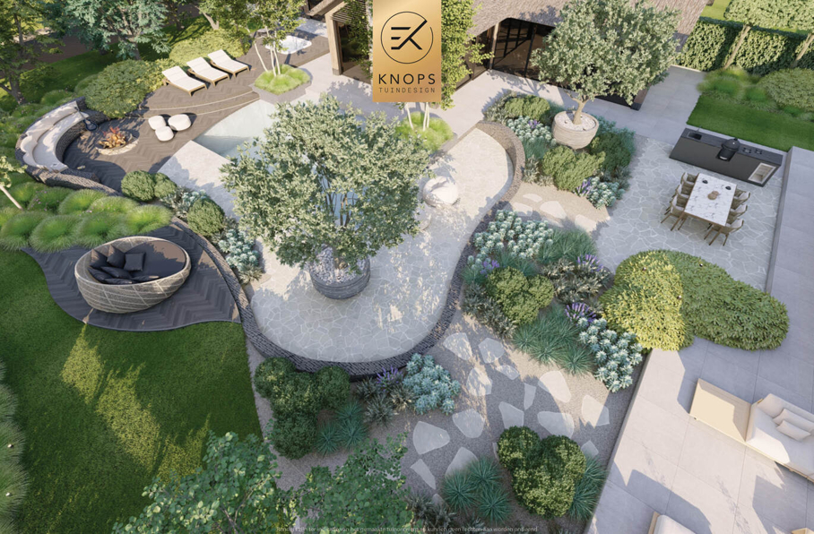 luxe tuinontwerp mediterrane tuin modern tuinontwerp exclusief tuinontwerp tuin met zwembad flagstones vlonder zitkuil luxe buitenkeuken