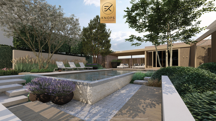 moderne villatuin met zwembad, luxe tuin, strak tuinontwerp, italiaanse tuin, mediterrane tuin, buitenkeuken, pergola, zonnebedden