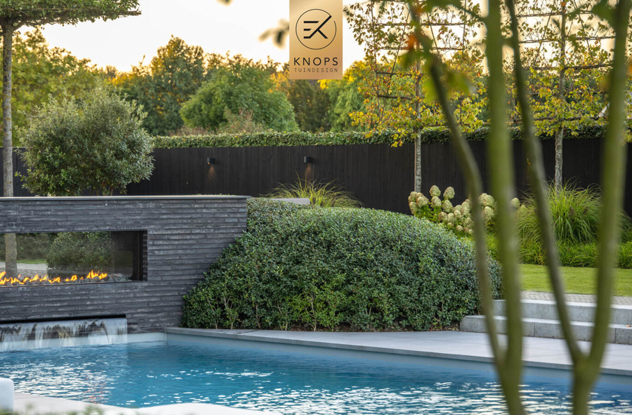 moderne tuin villatuin nieuwbouw villa luxe entree exclusief tuinontwerp modern zwembad poolhouse met sauna buitendouche exclusive garden design luxury garden modern garden